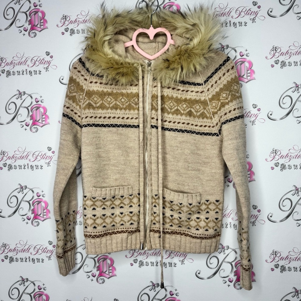 Zip up sweater hoodie Cozy Beige Hooded Sweater with Fur Trim Aztec furry fuzzy